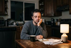 Tired man sitting at a kitchen table at night with a mug of coffee, fighting sleepiness