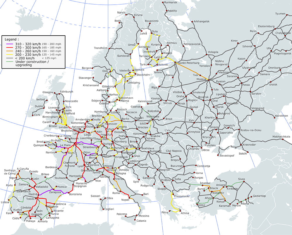 Mapa kolejowa kolei dużych prędkości w Europie