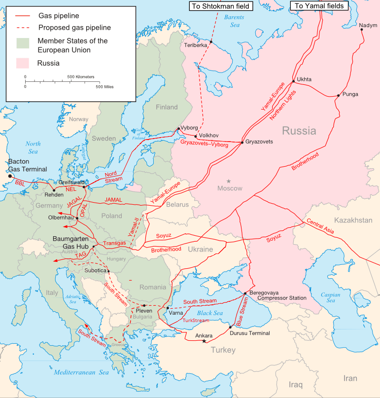 Mapa rosyjskich gazociągów do Europy