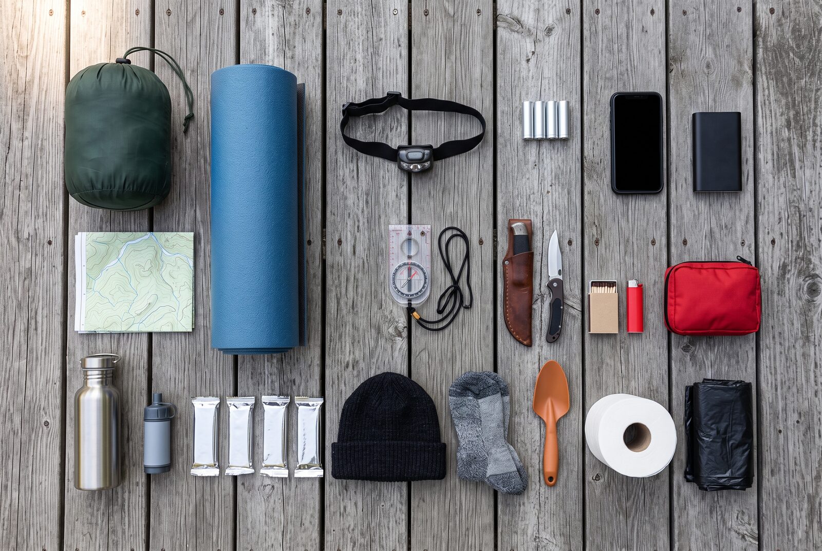 Kit for a night in the woods laid out on planks: sleeping bag, mat, head torch, map, compass, knife, first aid kit, trowel
