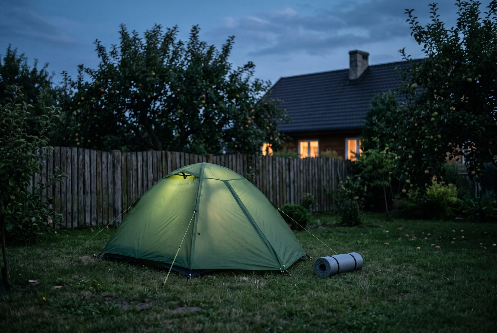 Tent pitched in a back garden in the evening, a head torch glowing inside, a sleeping mat beside it, a house behind