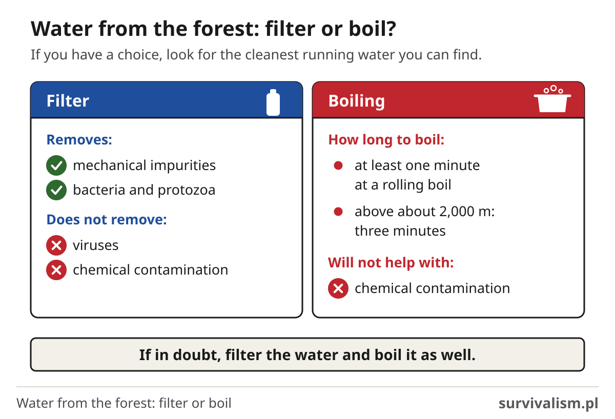 Water from the forest: a filter stops bacteria and protozoa but not viruses or chemicals; boil a minute, three above 2,000 m