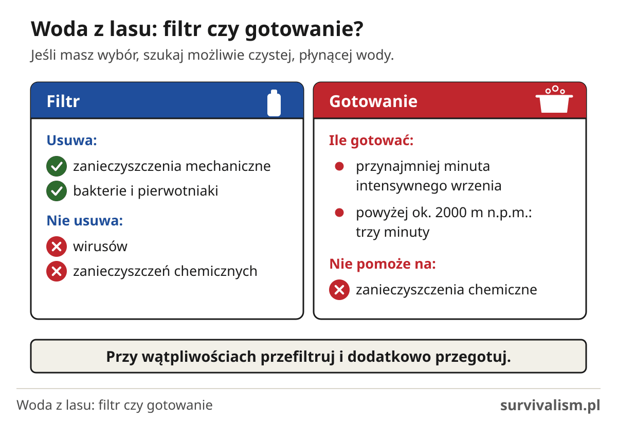 Woda z lasu: filtr zatrzyma bakterie i pierwotniaki, ale nie wirusy i chemię; gotowanie minutę, powyżej 2000 m trzy