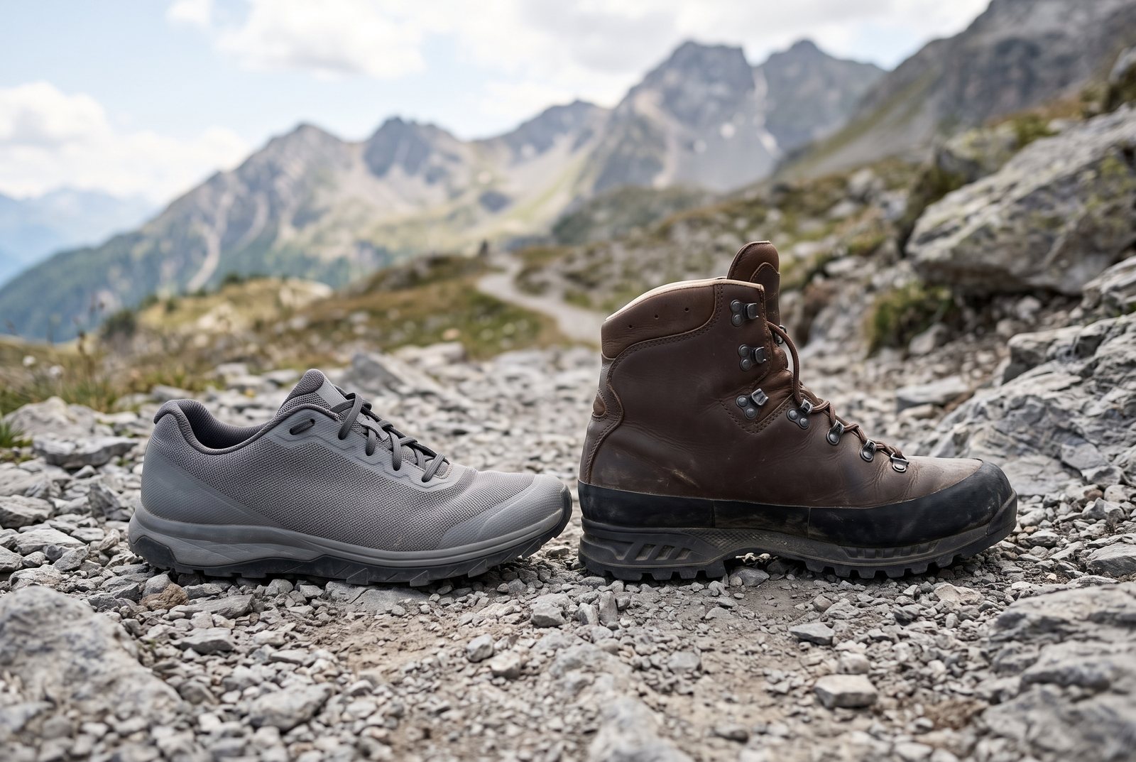 Low and high trekking boots side by side on a rocky mountain trail