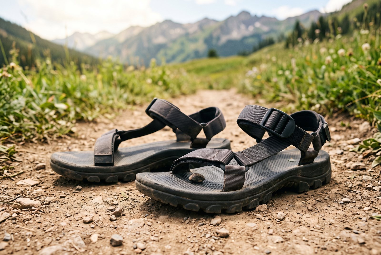 Trekking sandals on a well-trodden mountain trail in summer, with a small stone on the sole