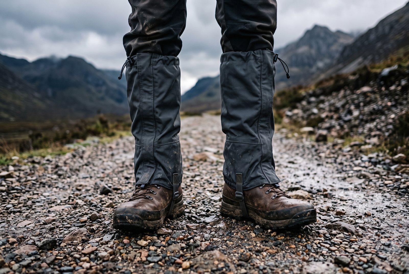 Gaiters on trekking boots on a gravel mountain trail