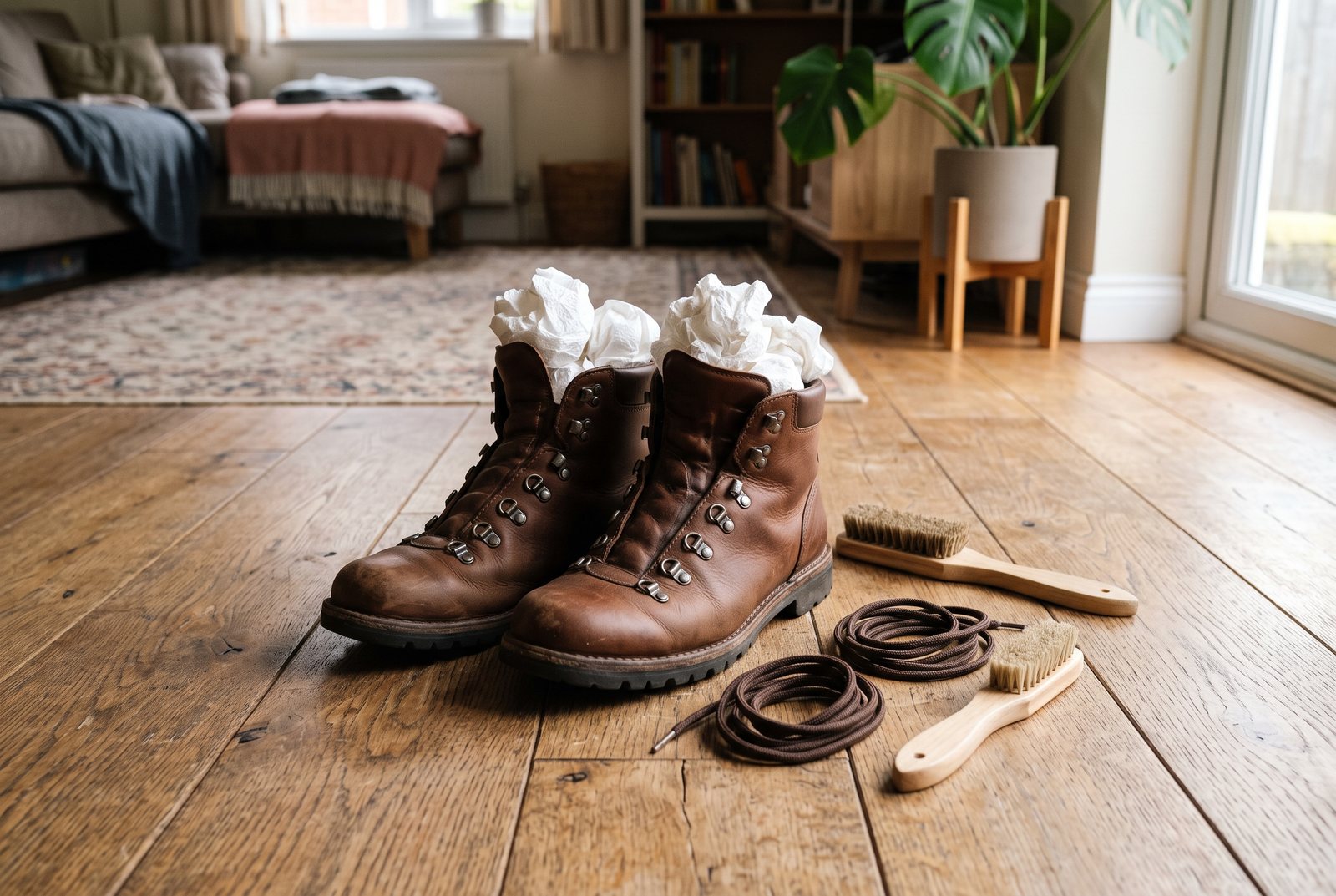 Drying trekking boots at room temperature: balls of paper towels inside, laces and brushes beside them