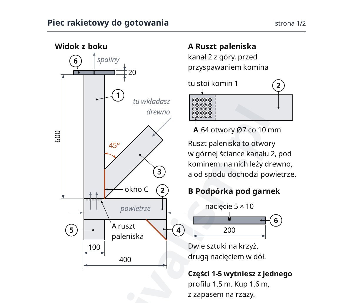 Rysunek pieca rakietowego z profilu 100 x 100 x 3 mm: widok z boku z wymiarami, ruszt paleniska i podpórka pod garnek
