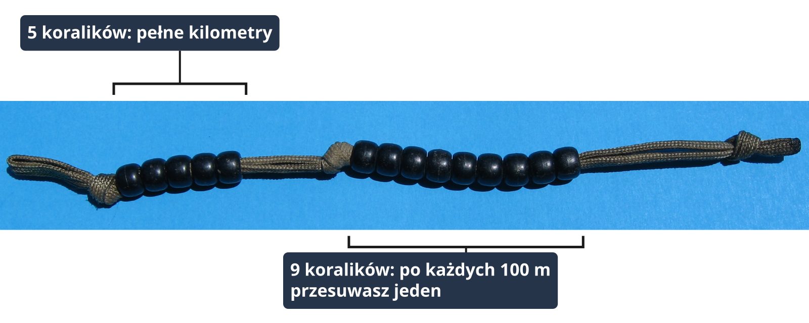 Sznurek z koralikami do liczenia kroków przy marszu na azymut: 9 koralików po 100 m i 5 koralików na pełne kilometry
