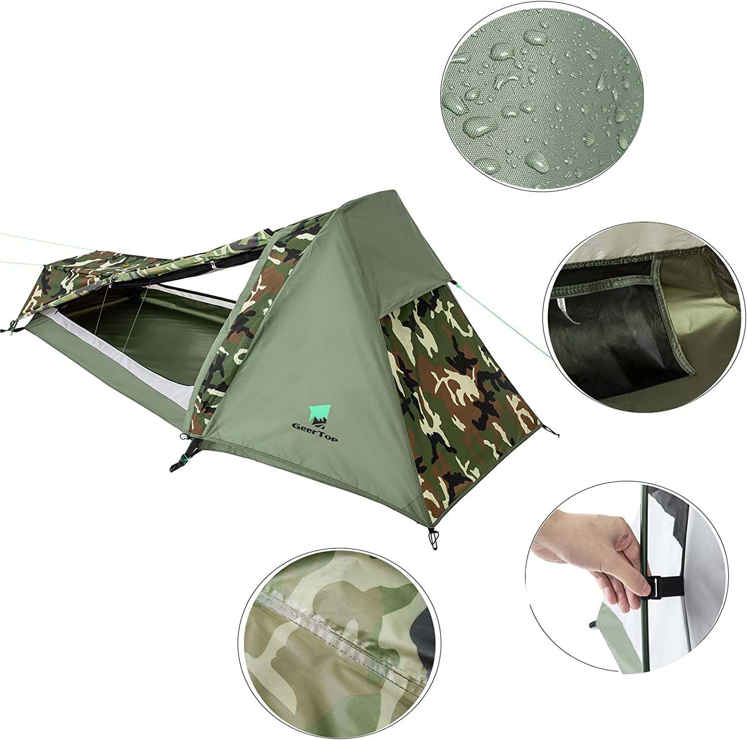 Geertop tent details: water beading on the fly, an inside pocket and a zip