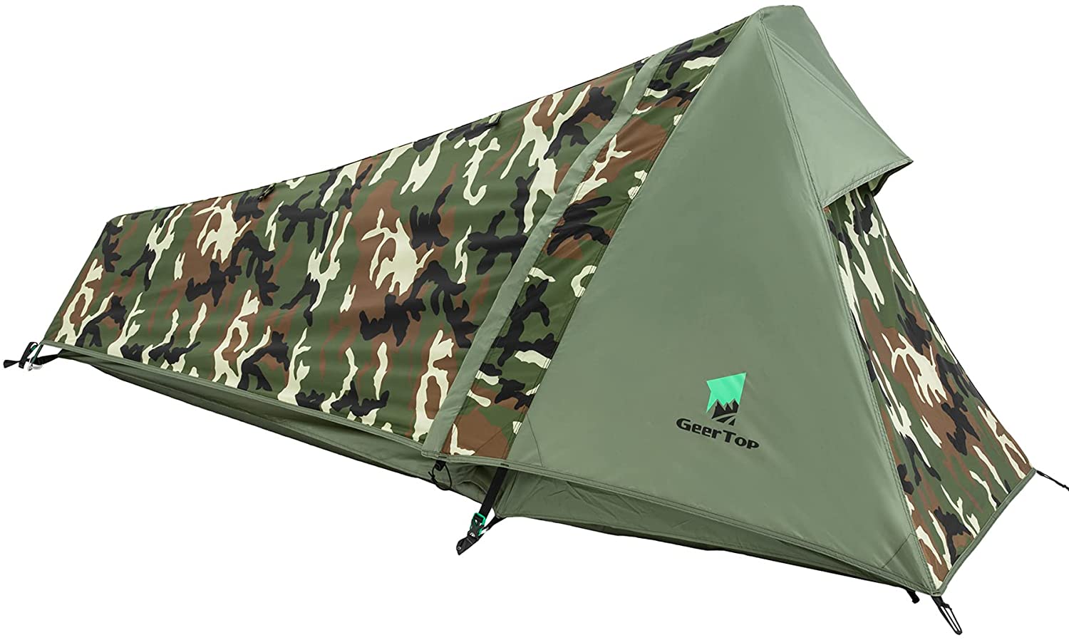 Camo one-person Geertop tent on a white background