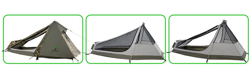 Geertop tent with its camo fly and two shots of the grey mesh inner on its own