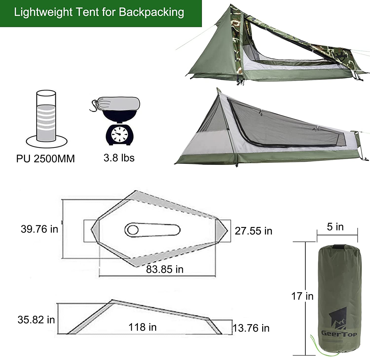 Geertop tent spec graphic: PU 2500 mm fly, 3.8 lb, dimensions in inches