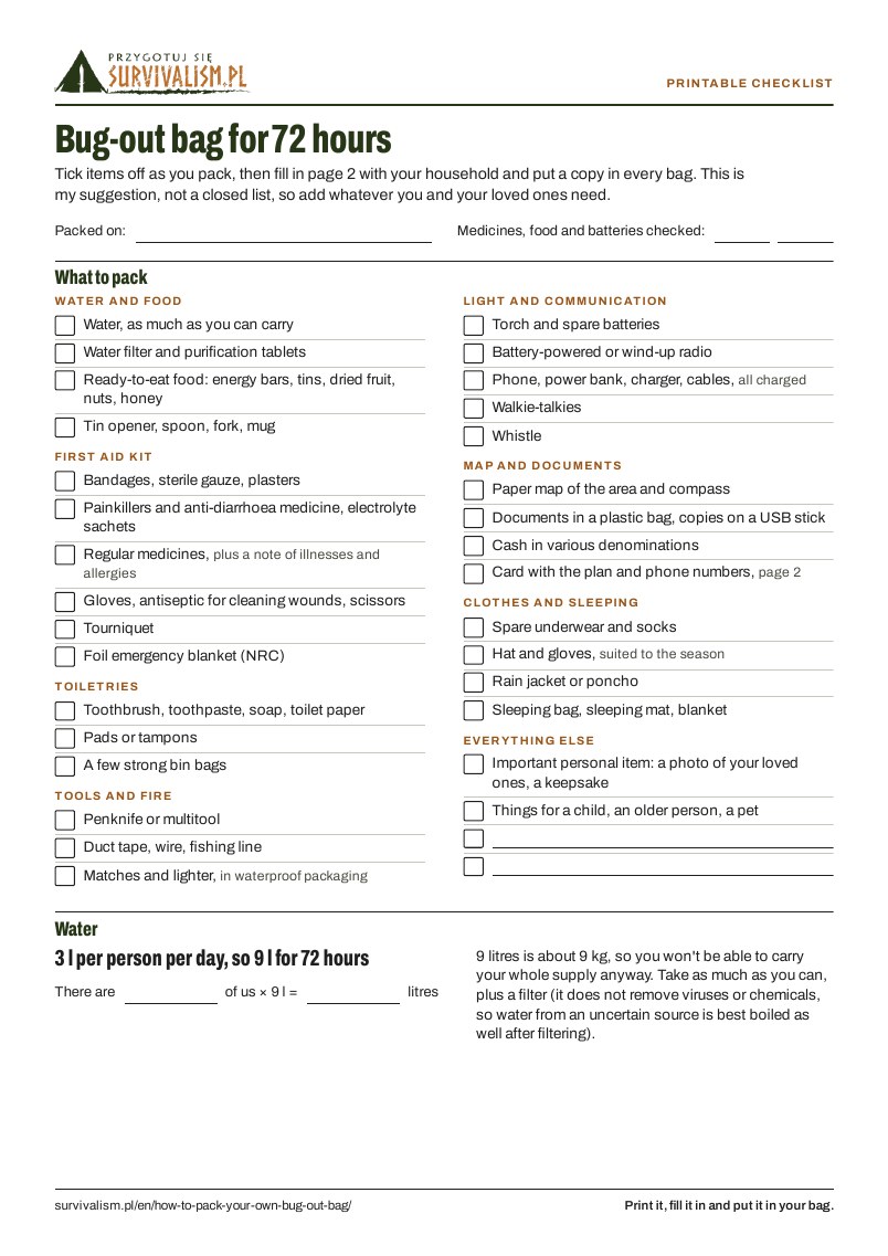 First page of the printable bug-out bag checklist