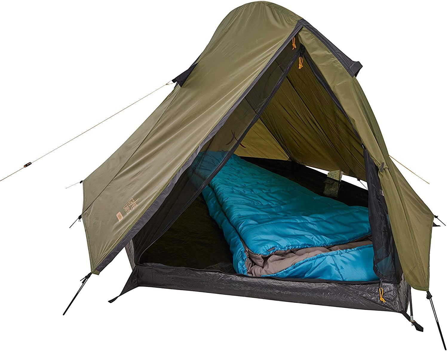 Open door of the Cardova 1 tent with a blue sleeping bag inside