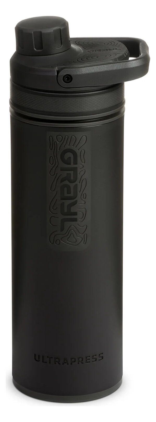 A black Grayl UltraPress bottle with a black lid and carry loop, the name GRAYL embossed on the body