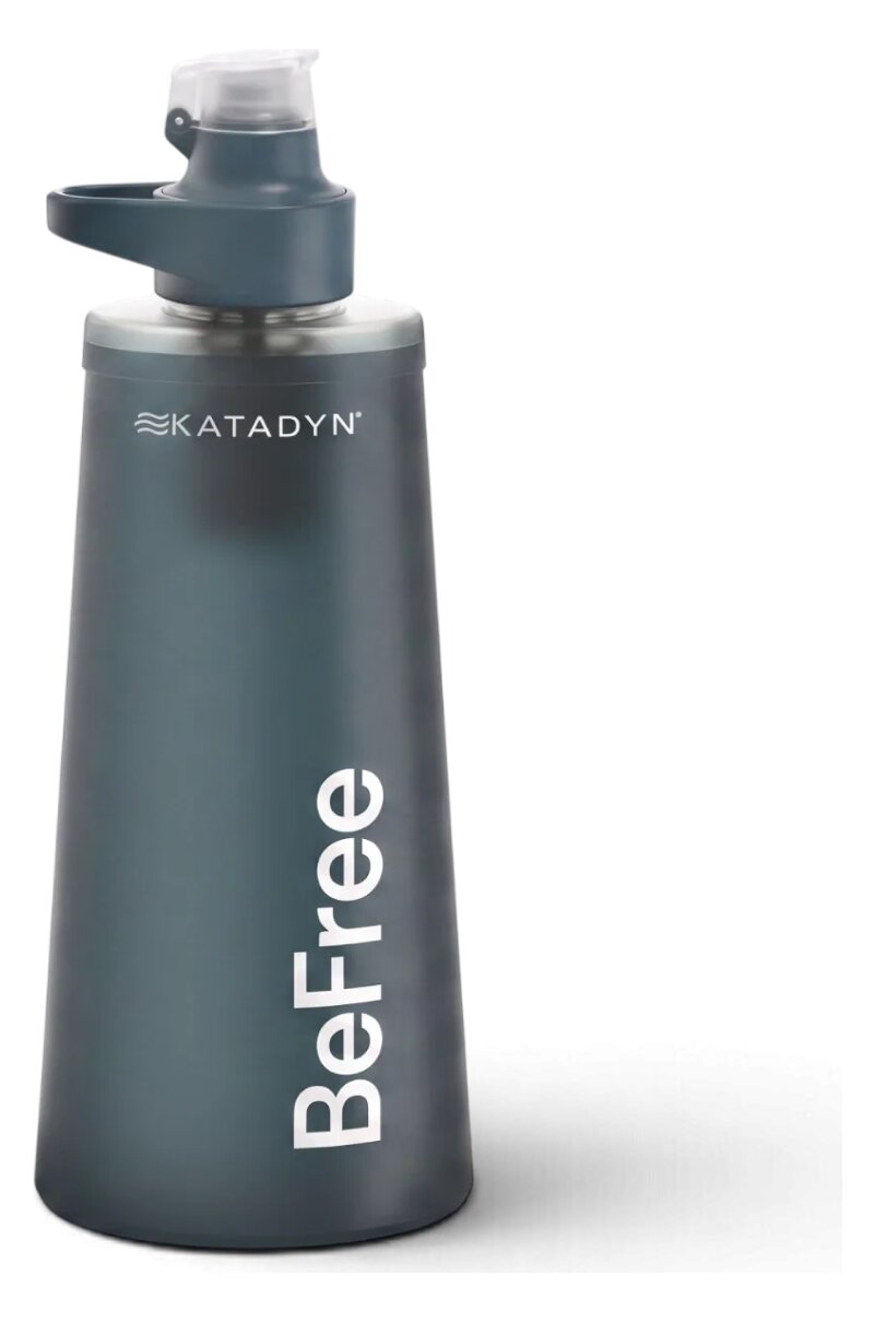 A soft Katadyn BeFree bottle in slate blue with the BeFree name on it and a narrow spout with a cap on top