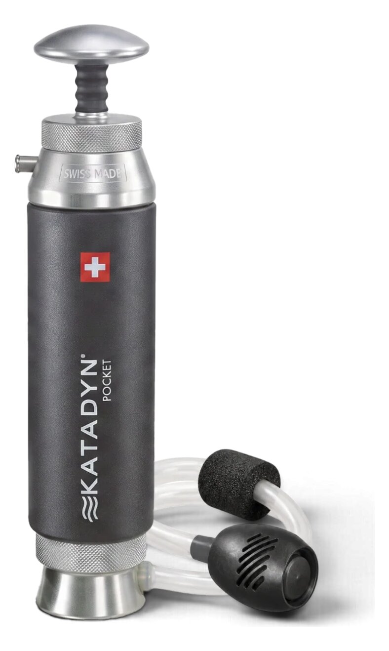 A Katadyn Pocket pump: a black body with silver ends, a pump handle on top and two hoses with end pieces beside it