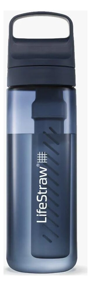 A transparent LifeStraw Go bottle with a dark lid, a carry loop and a filter inside