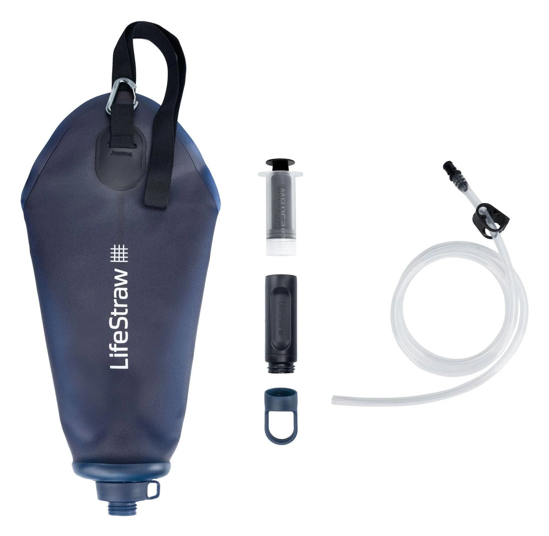 Elementy zestawu LifeStraw Peak Gravity: worek, filtr w kształcie walca, biała rurka i klips