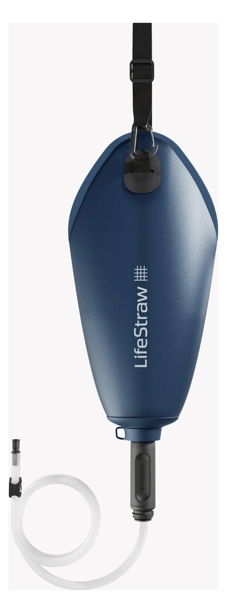 A LifeStraw Peak Gravity 3 l bag with a black hanging loop and a white tube with a filter running from the bottom