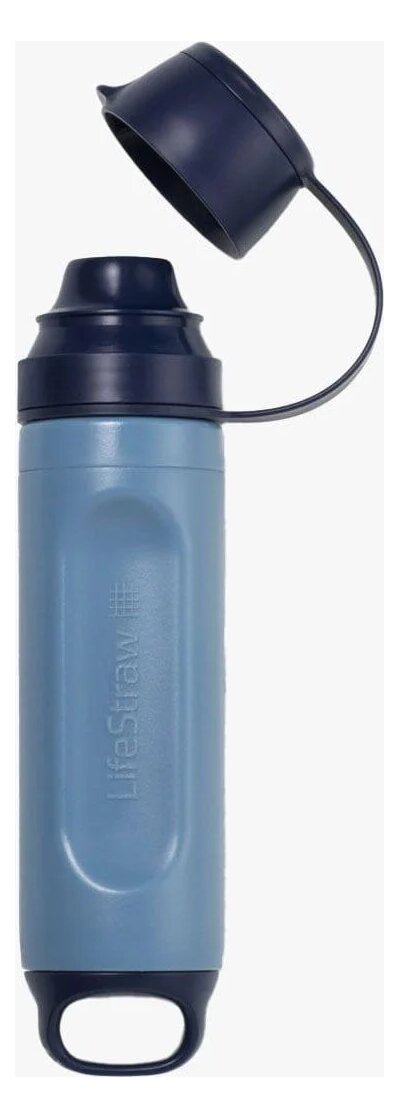 The LifeStraw Peak Solo filter with the navy cap lifted on its strap, showing the drinking opening