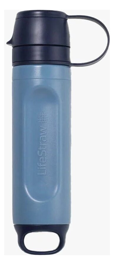 A blue-grey LifeStraw Peak Solo filter shaped like a narrow cylinder with a navy cap and a black loop at the bottom