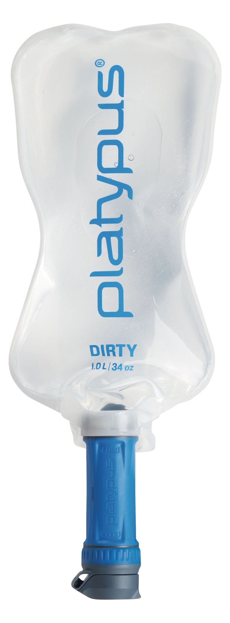 A transparent Platypus bag marked DIRTY 1.0L with a blue QuickDraw filter screwed in at the bottom