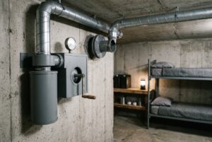 Filtrowentylator na ścianie betonowego schronu: obudowa wentylatora z korbą do napędu ręcznego, pochłaniacz i kanały wentylacyjne, w głębi piętrowe łóżka