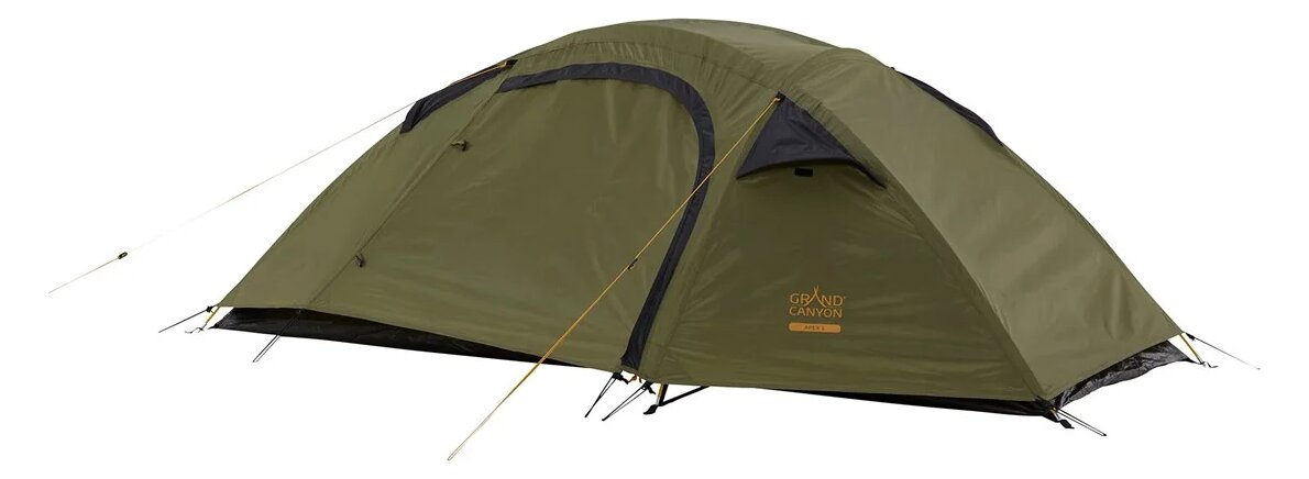 Olive Grand Canyon Apex 1 tent pitched and closed, on a white background