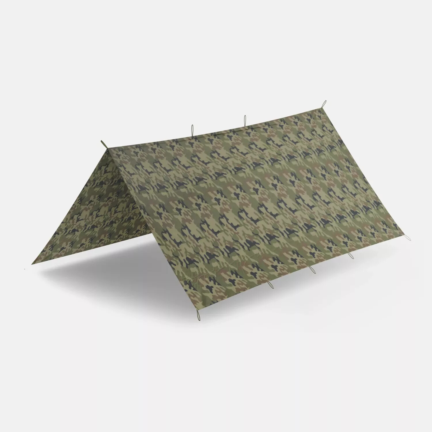 Helikon-Tex Supertarp in PL Woodland camo pitched as an A-frame, white background