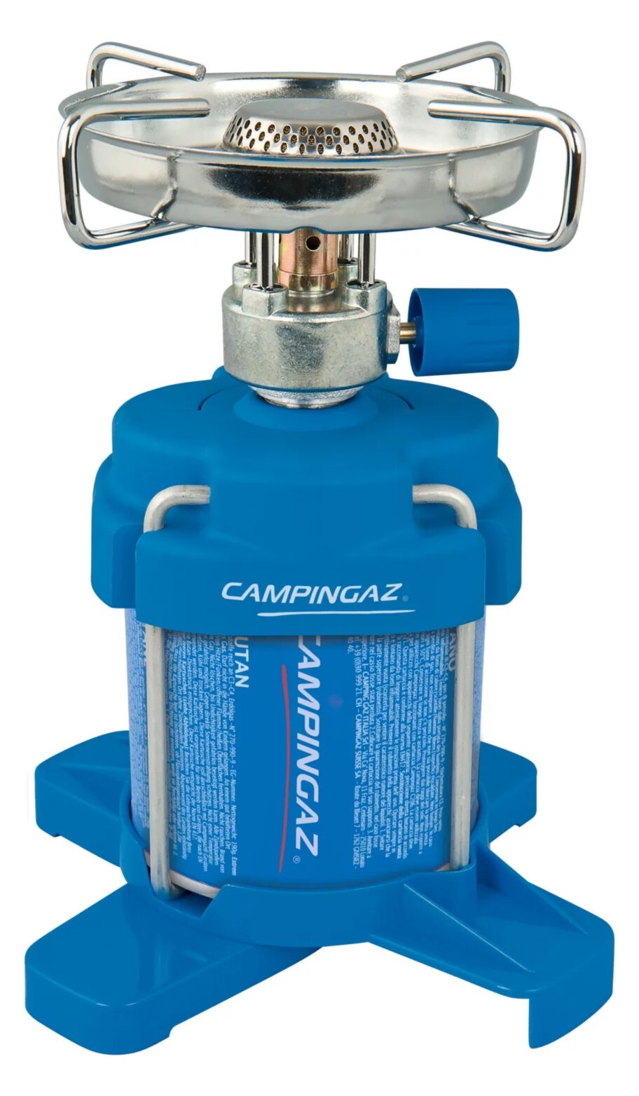 Campingaz Bleuet stove with the built-in windshield, on a disposable cartridge with a blue base