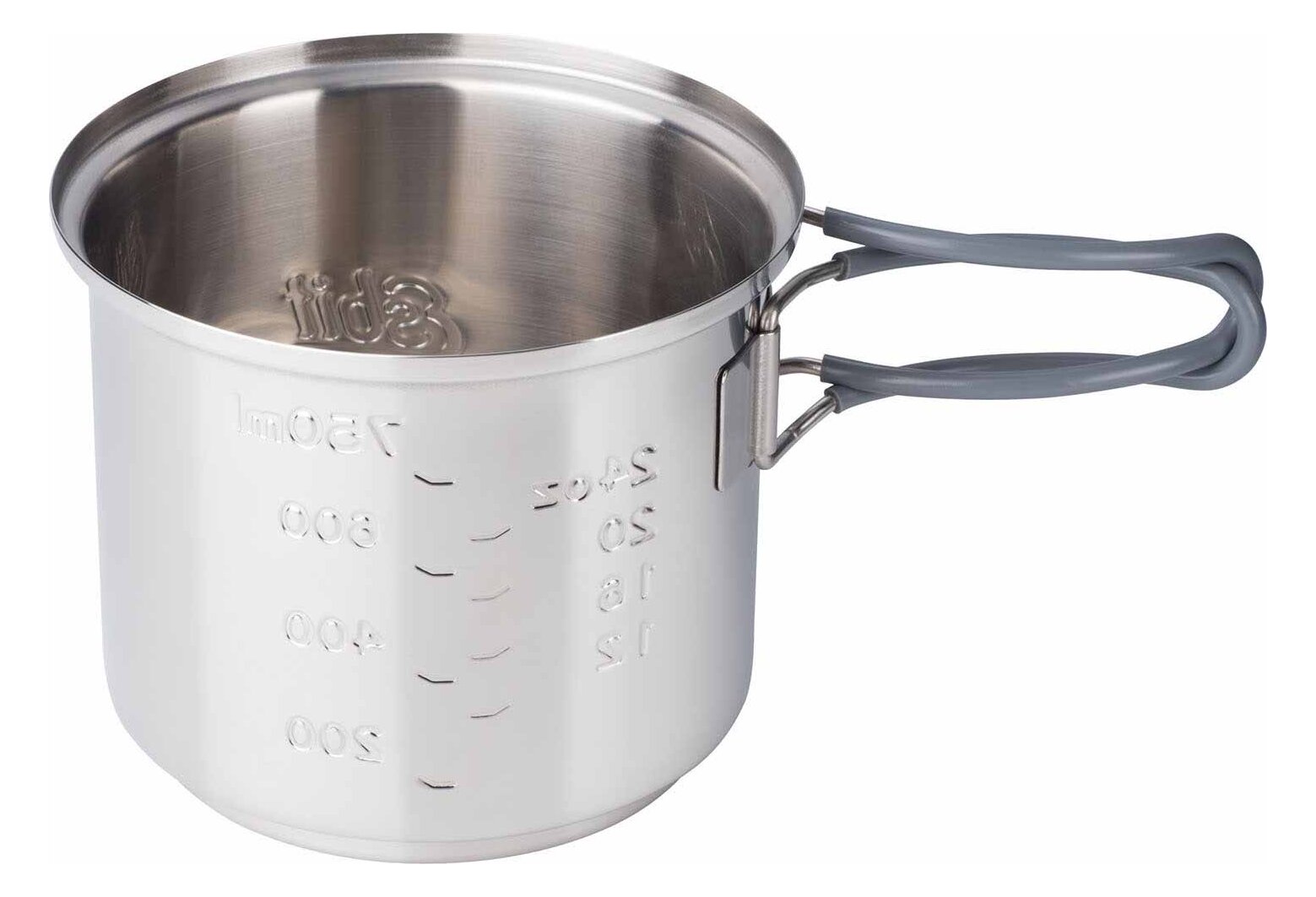 The larger Esbit stainless steel pot with a capacity scale embossed on the wall and a grey folding handle