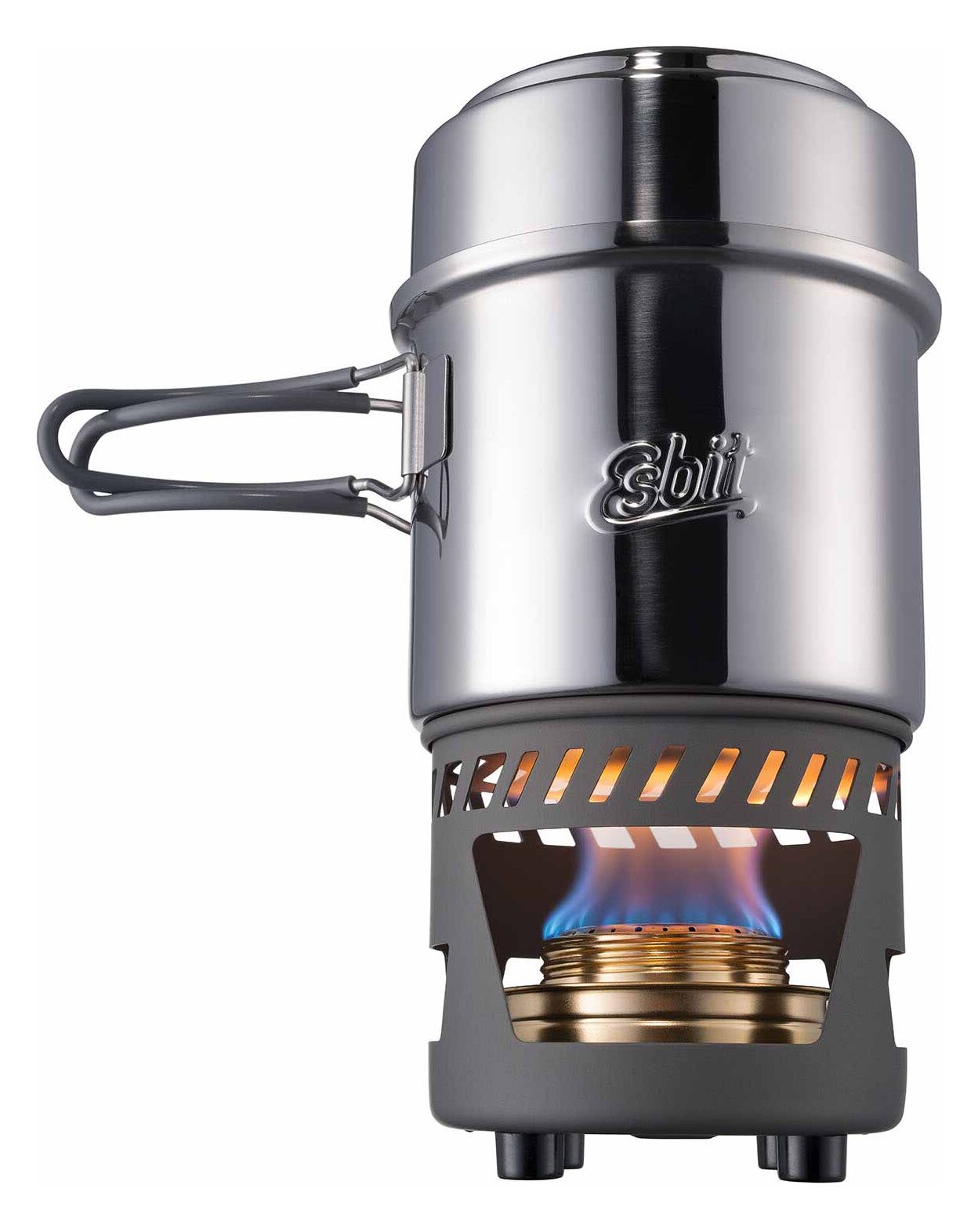 Esbit stainless steel set: a pot on a grey stand with a brass alcohol burner and a blue flame underneath