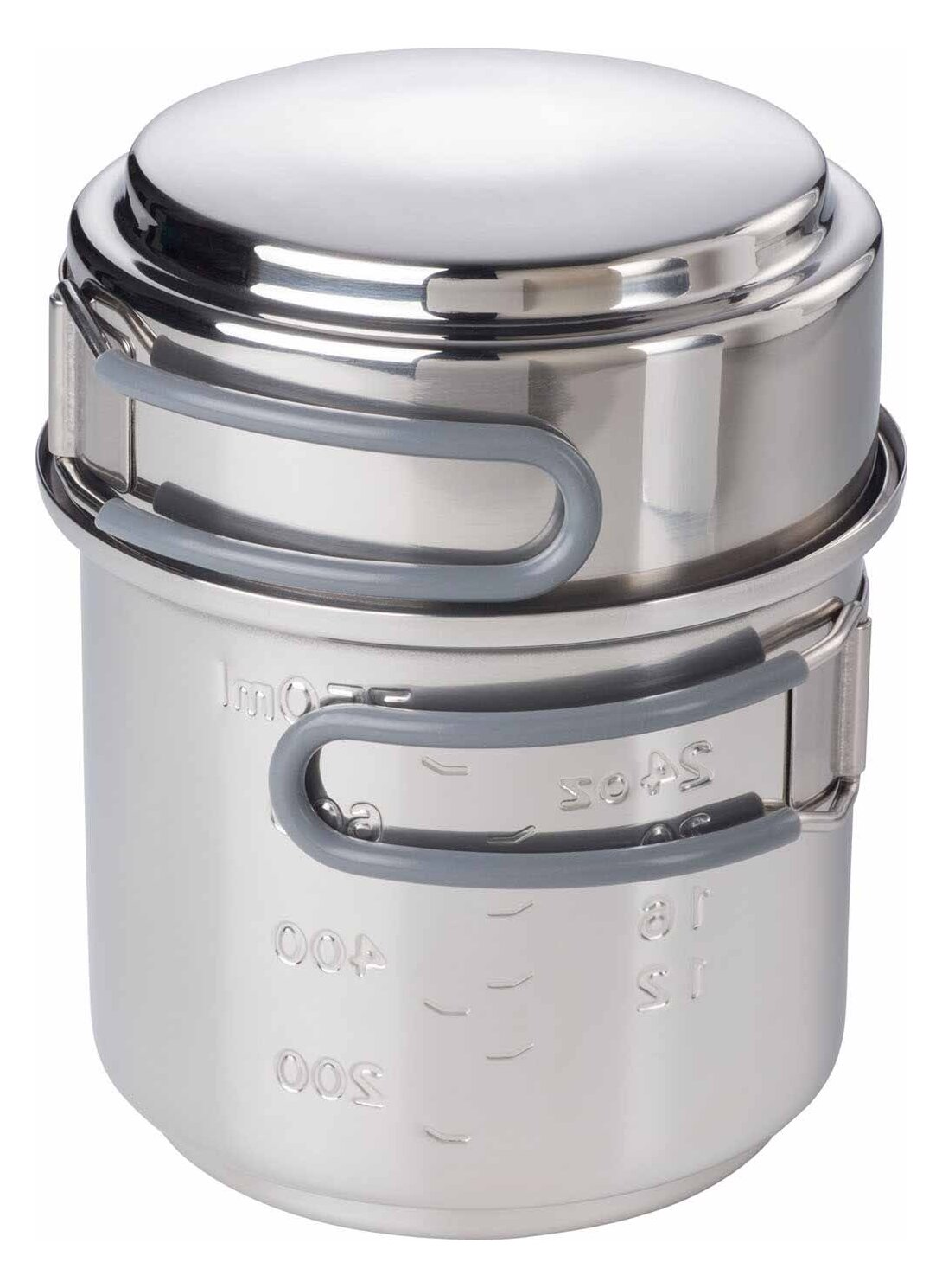 Packed Esbit stainless steel set: the smaller pot sits on top of the larger one, both with grey folding handles