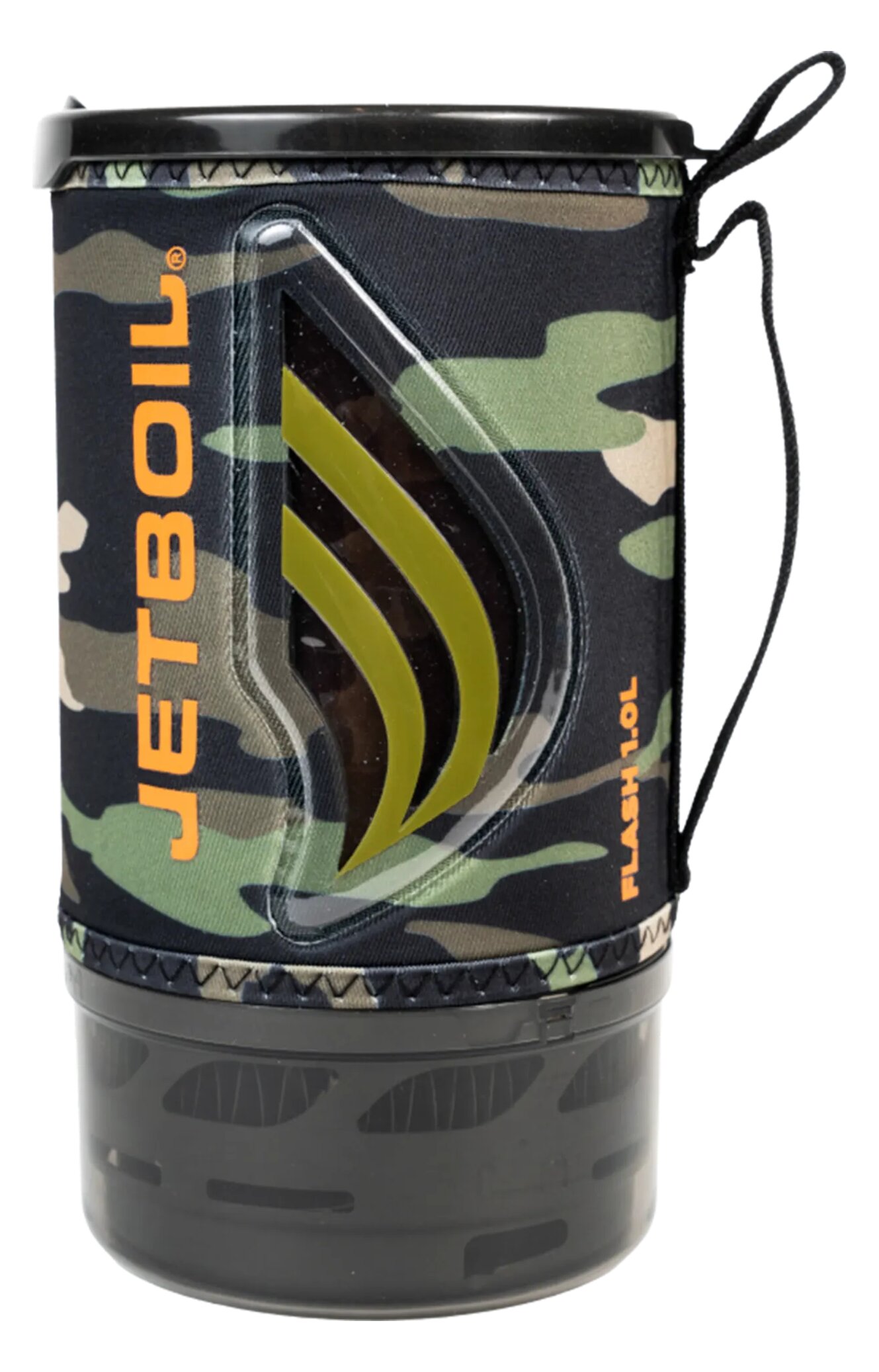 Jetboil Flash 1.0L cup in camo seen from the side, with the heat-insulating cover and the colour-change window
