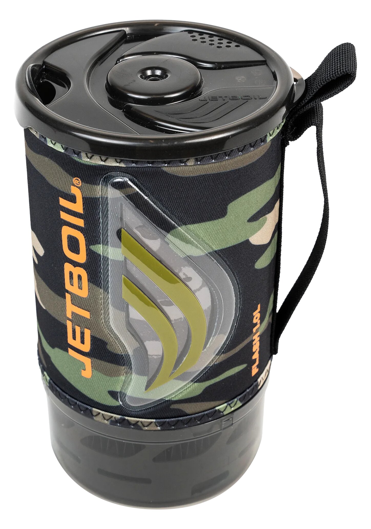 Jetboil Flash 1.0L cup in camo, with the black lid and the handle strap