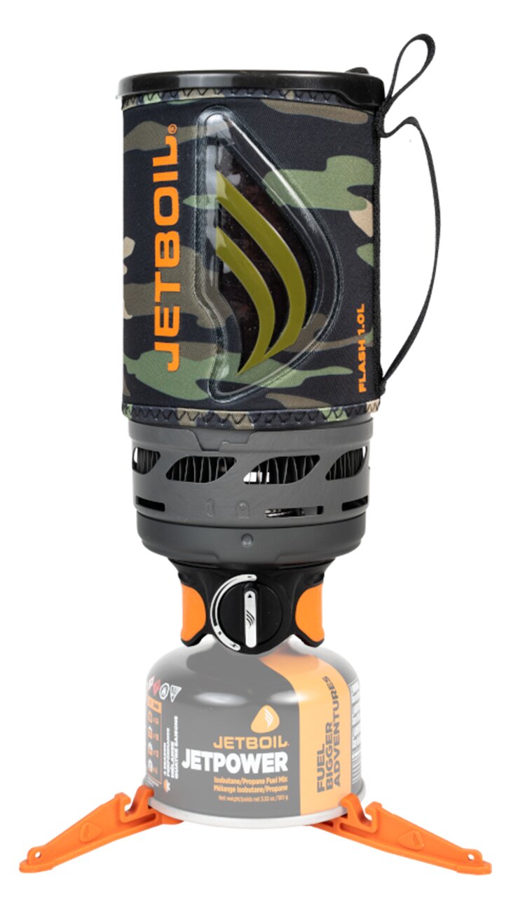 Jetboil Flash 1.0L in dark camo, with the cup on the burner and a gas canister on the tripod base