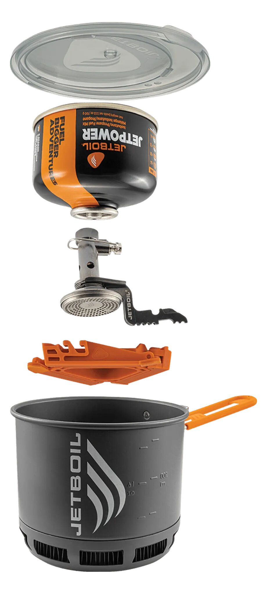 Parts of the Jetboil Stash set laid out one above another: lid, canister, burner, base and pot