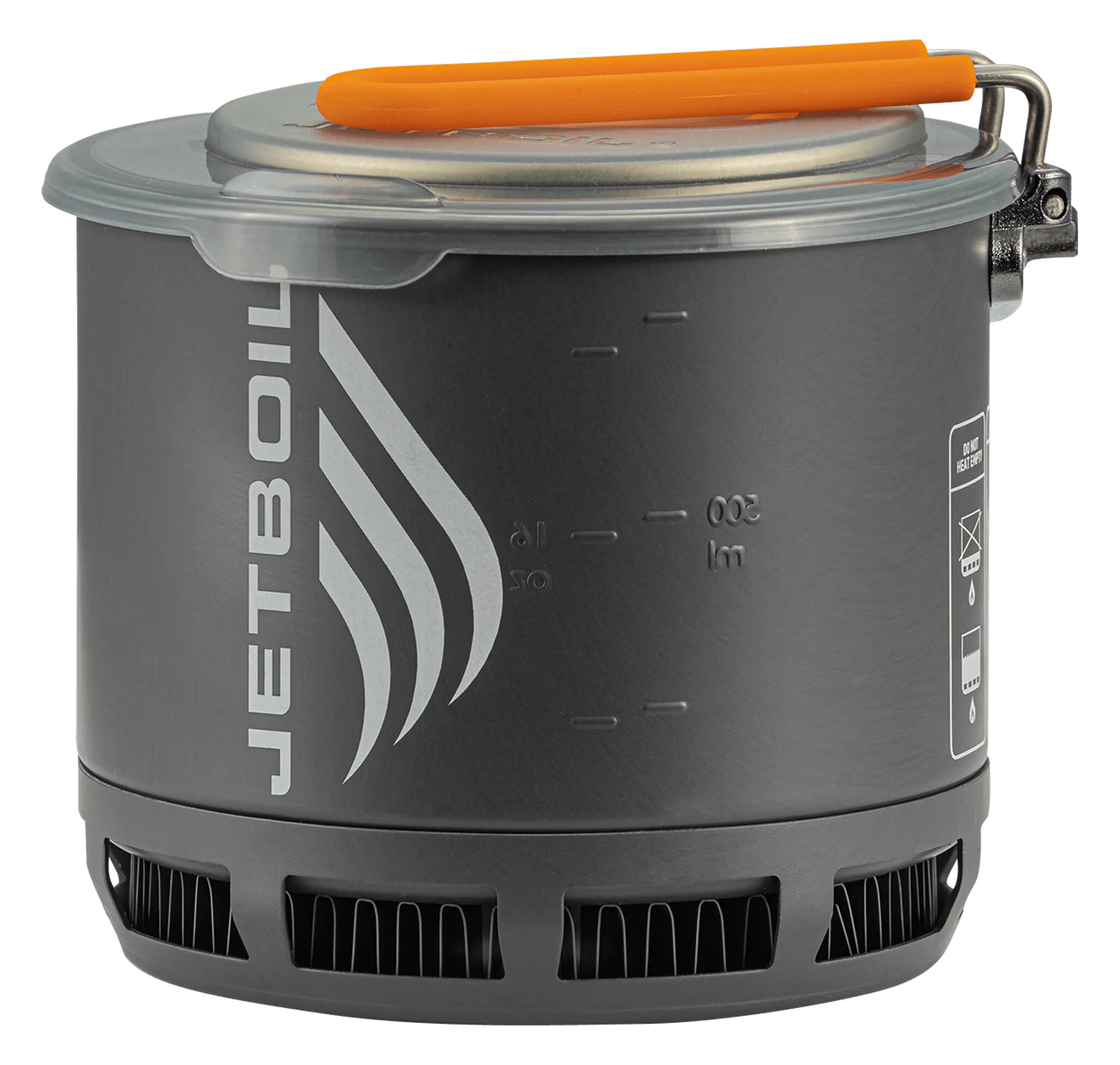 Jetboil Stash pot with a clear lid and an orange handle, with capacity markings