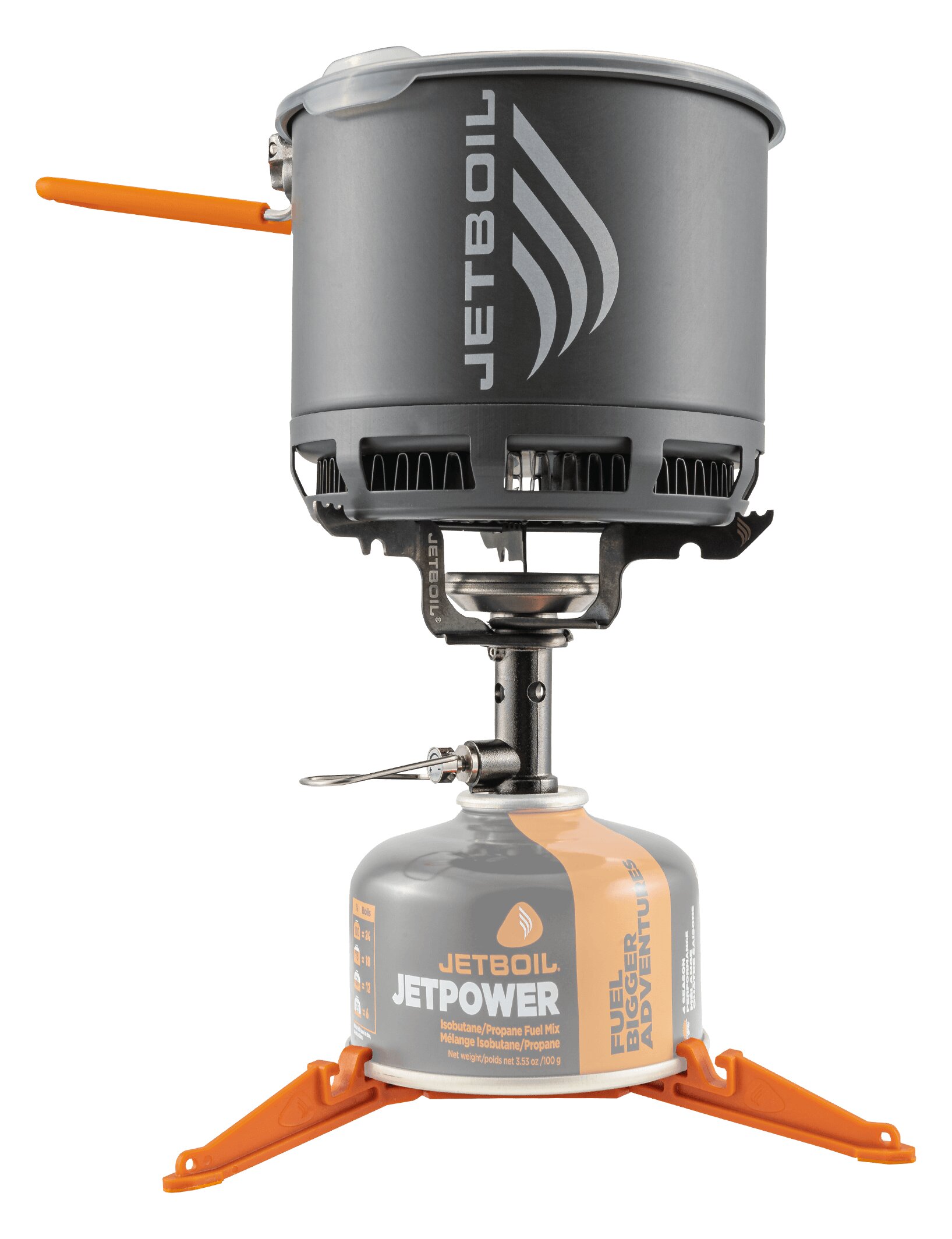 Jetboil Stash cooking system: the lightweight pot sits on the burner, which stands on a gas canister with a tripod base