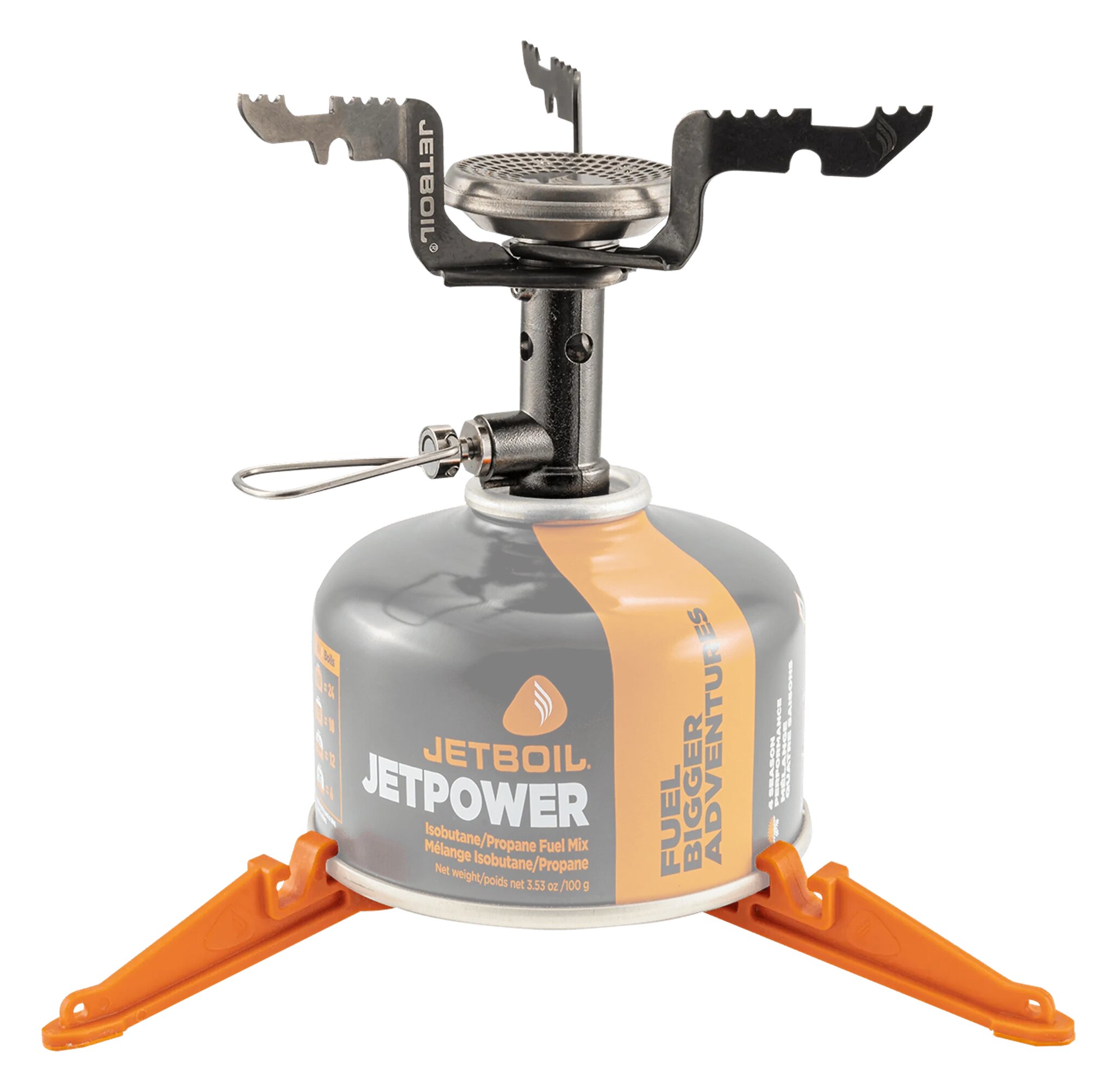 Jetboil Stash burner with the folding pot support on a gas canister, with the orange tripod base