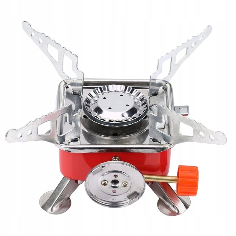 Red square Kovar K-202 mini gas stove with its arms unfolded and the control knob