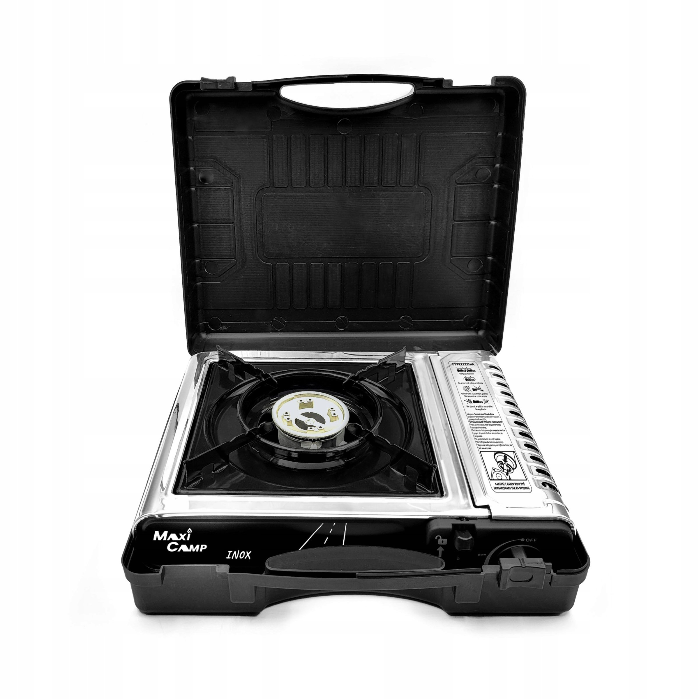 MaxiCamp stove in its open black carrying case