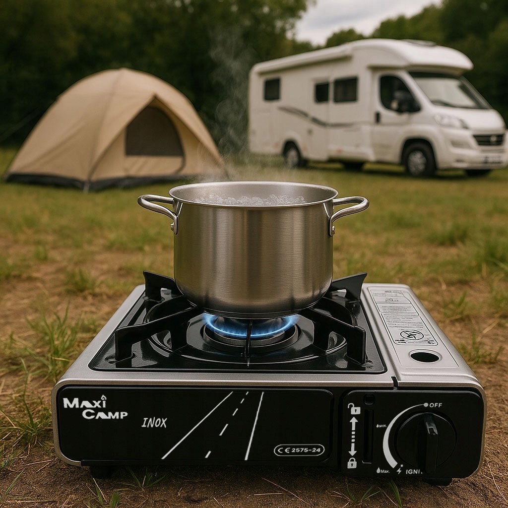 MaxiCamp stove with a pot over a blue flame, a tent and a camper van behind