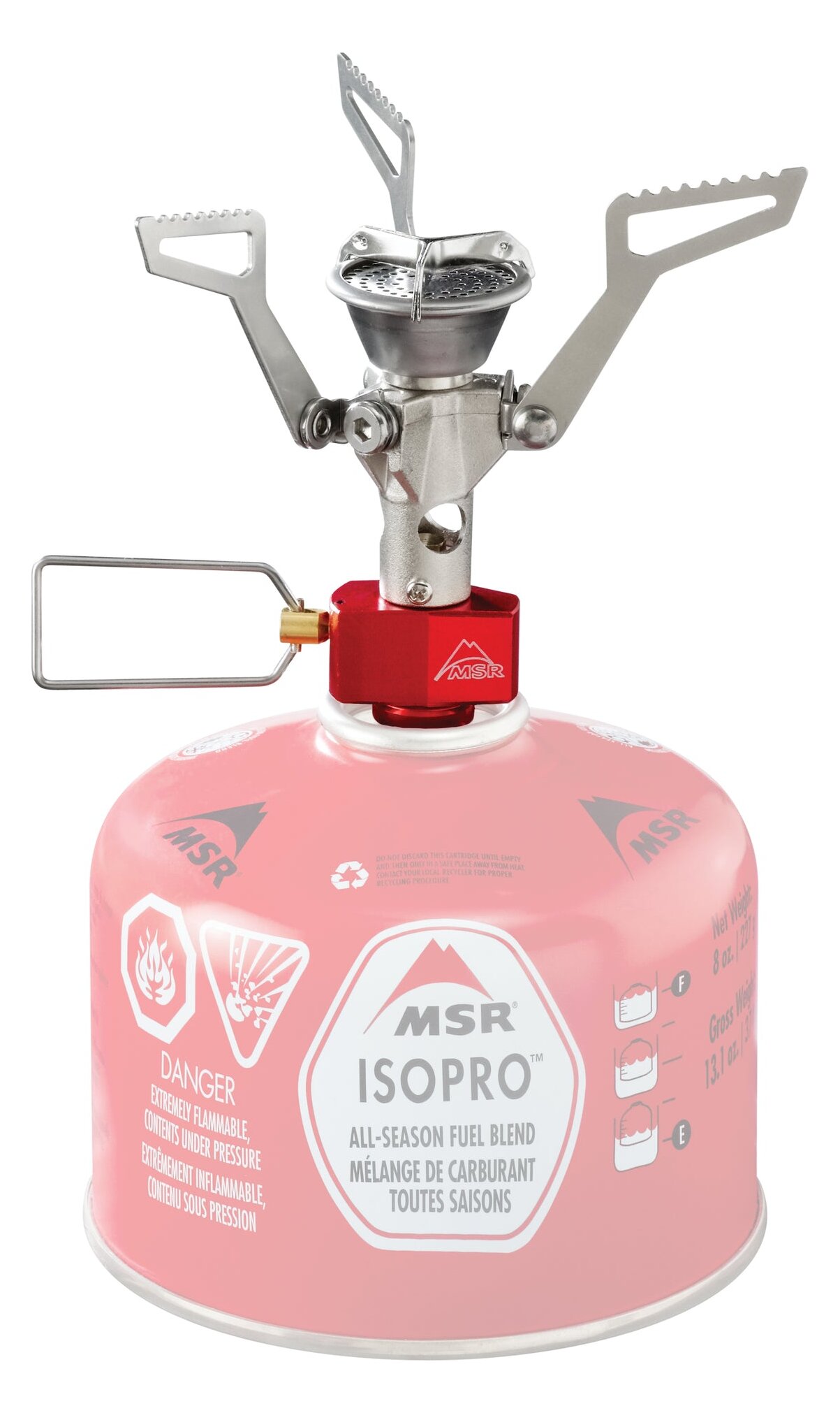 MSR PocketRocket 2 burner with the pot supports unfolded, screwed onto an MSR IsoPro gas canister, on a white background