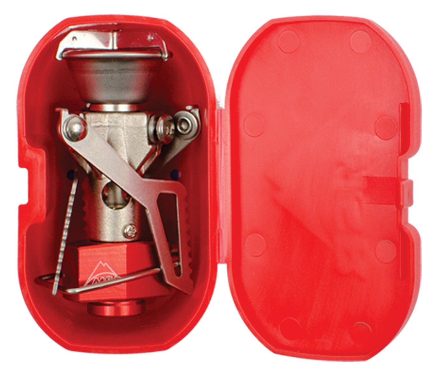 Folded MSR PocketRocket 2 burner inside its open red plastic case