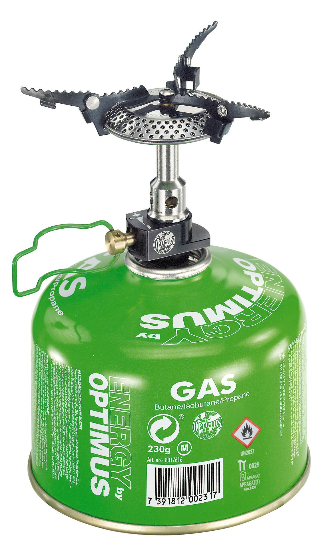 Optimus Crux Lite burner with the pot supports unfolded, screwed onto a green Optimus gas canister