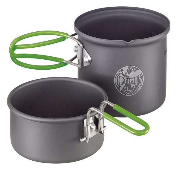 Pot and frying pan from the Optimus Crux Lite Solo set, grey with green folding handles