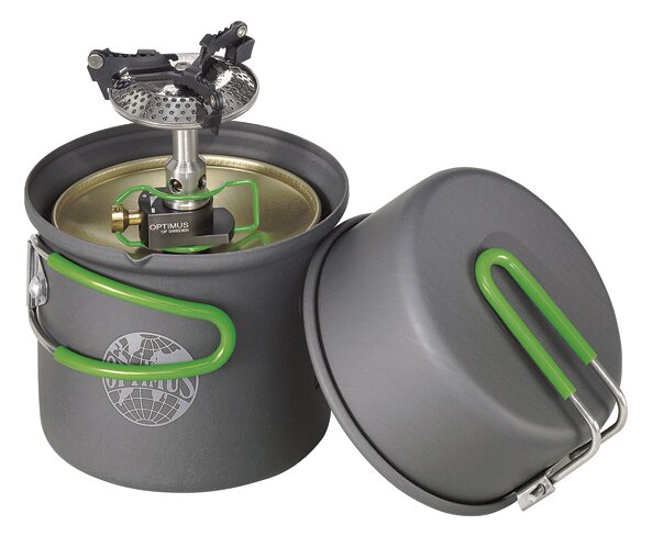 Optimus Crux Lite Solo set: the Crux Lite burner on a canister inside the pot, a frying pan with a green handle beside it, on a white background